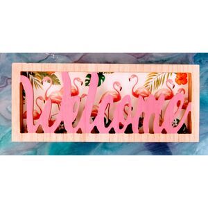 WELCOME SHADOW BOX WOOD HOME DECOR SIGN WITH FLAMINGOS